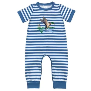 Baby Romper - Boys Applique - Duck In Flight Blue Stripe