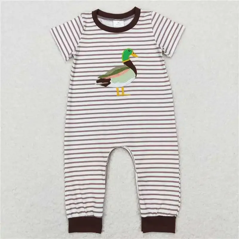 Baby Romper - Boys Applique - Duck Mallard Brown Stripe Layette