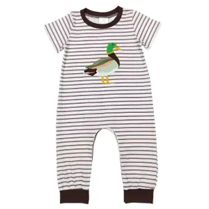 Baby Romper - Boys Applique - Duck Mallard Brown Stripe Layette