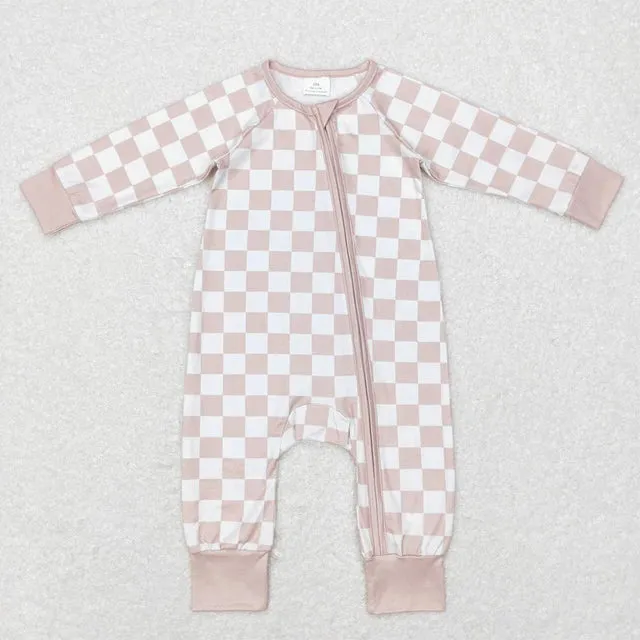 Baby Romper - Boys - Zip - Checkerboard Tan Brown Unisex