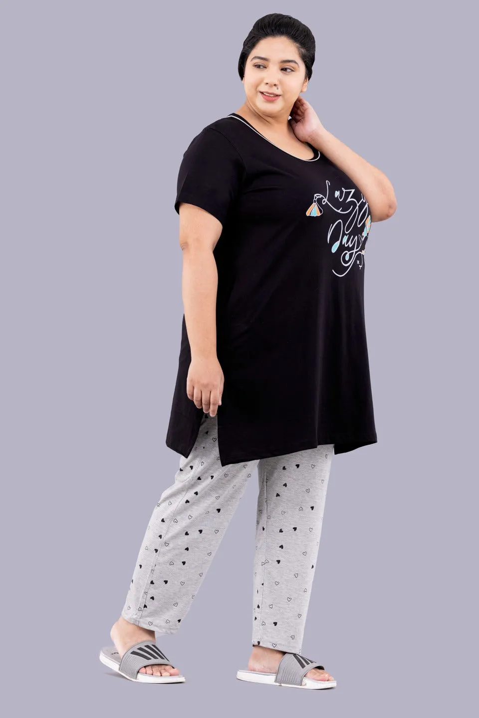 Cotton Nightsuit For Women - Long Top & Pyjama Set - Black & Grey