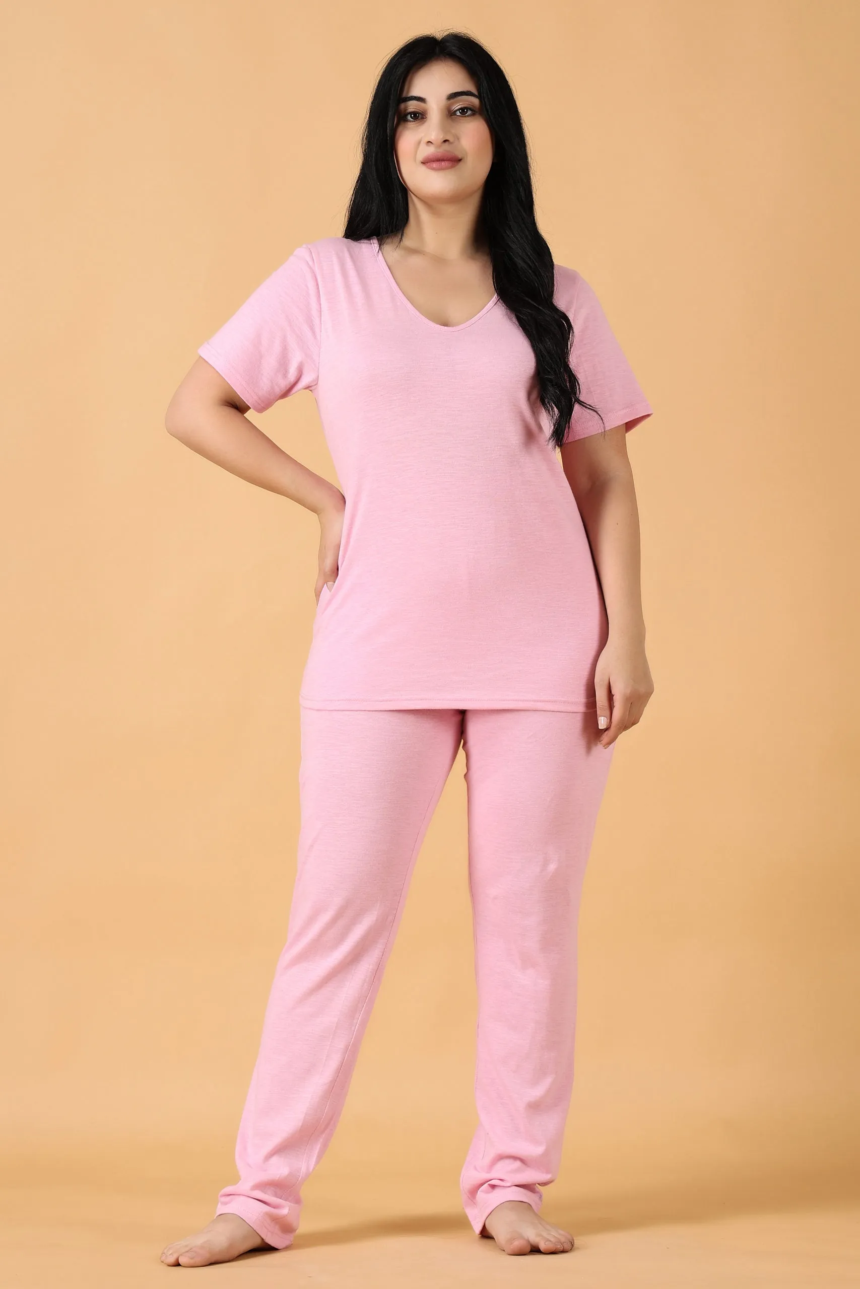 Cotton Solid Pyjama Night Suit Set -Baby Pink