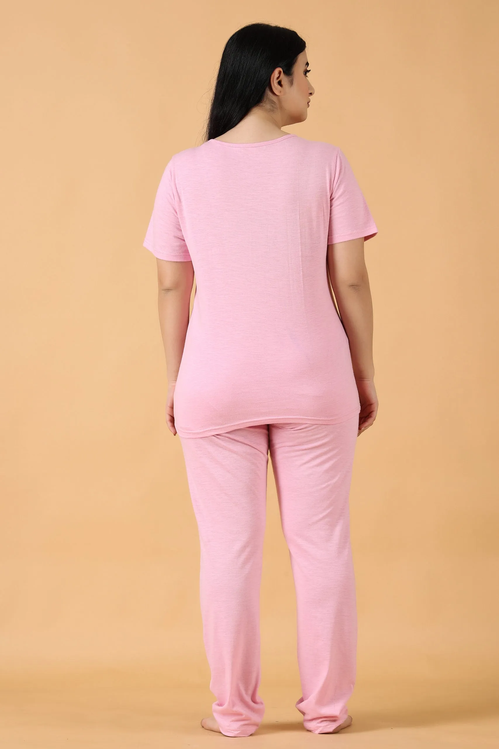 Cotton Solid Pyjama Night Suit Set -Baby Pink