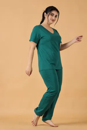 Cotton Solid Pyjama Night Suit Set -Green