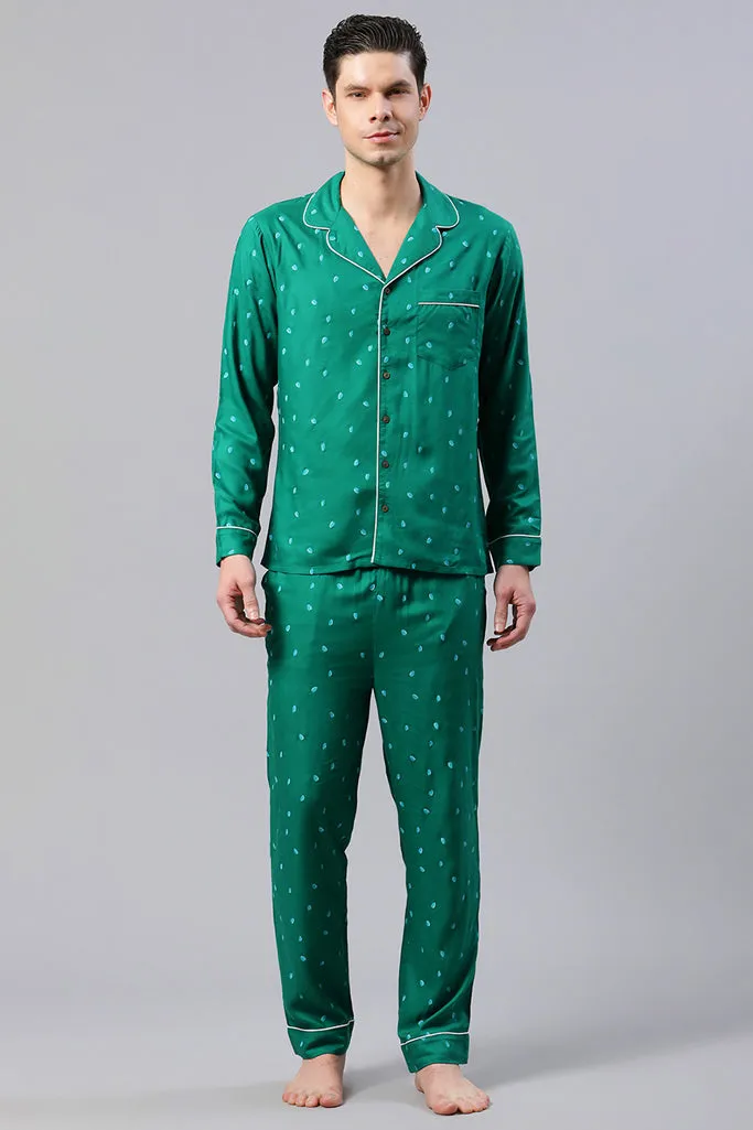 Green Printed With Cord Detail Loungewear Set