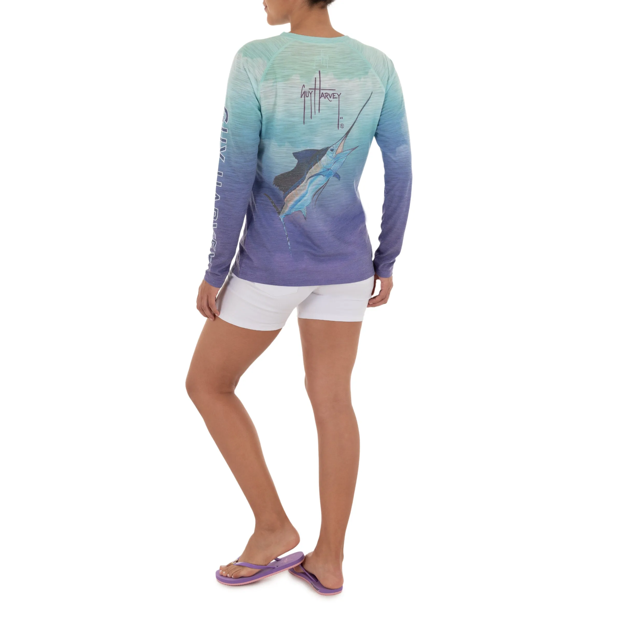 Ladies Jumping Sailfish Long Sleeve Purple Slub Raglan Tee