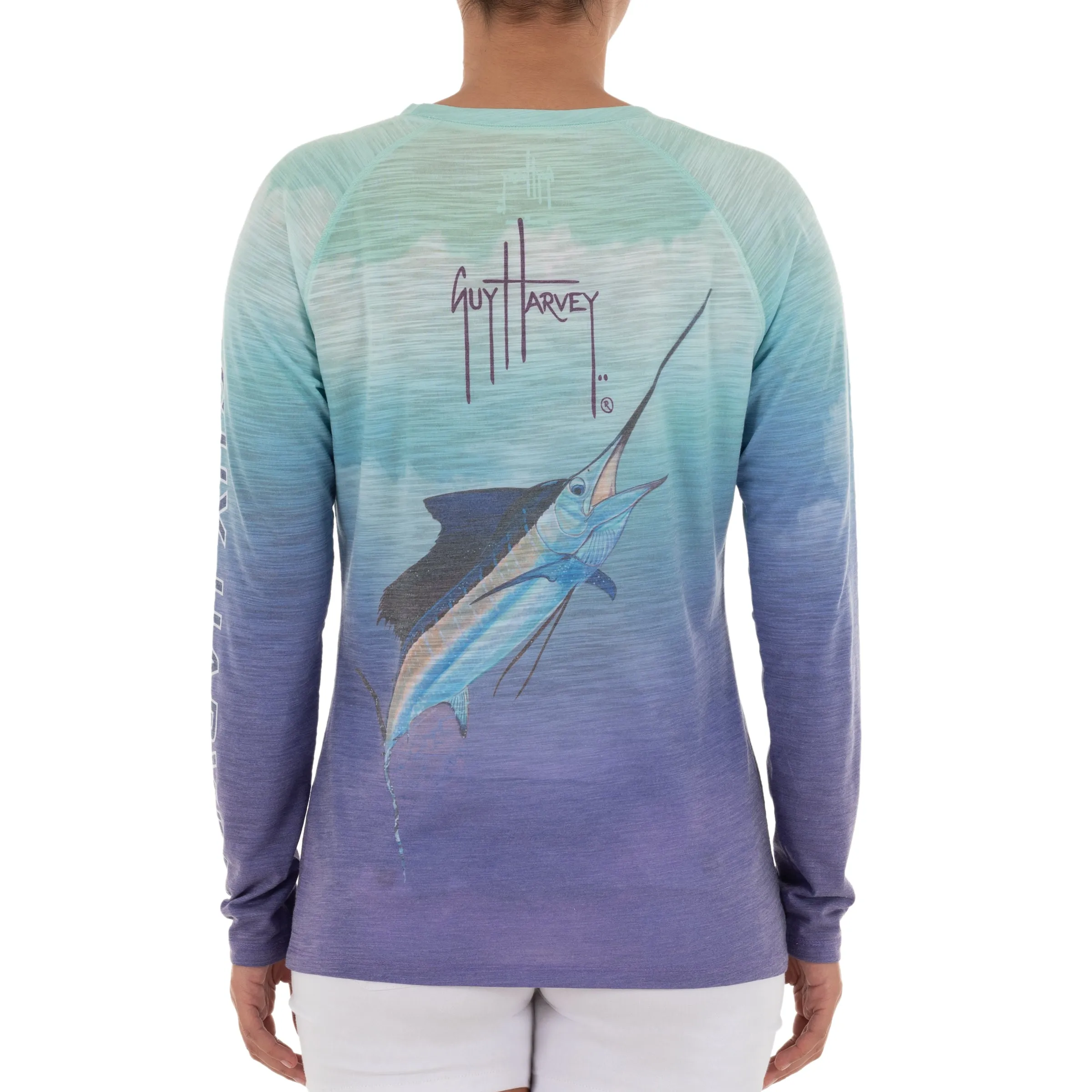 Ladies Jumping Sailfish Long Sleeve Purple Slub Raglan Tee