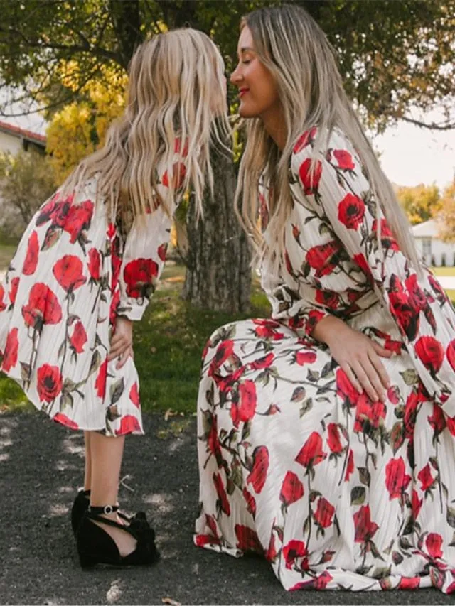 Mommy and Me Dresses Cotton Floral Causal White Long Sleeve Midi Mommy And Me Outfits Daily Matching Outfits