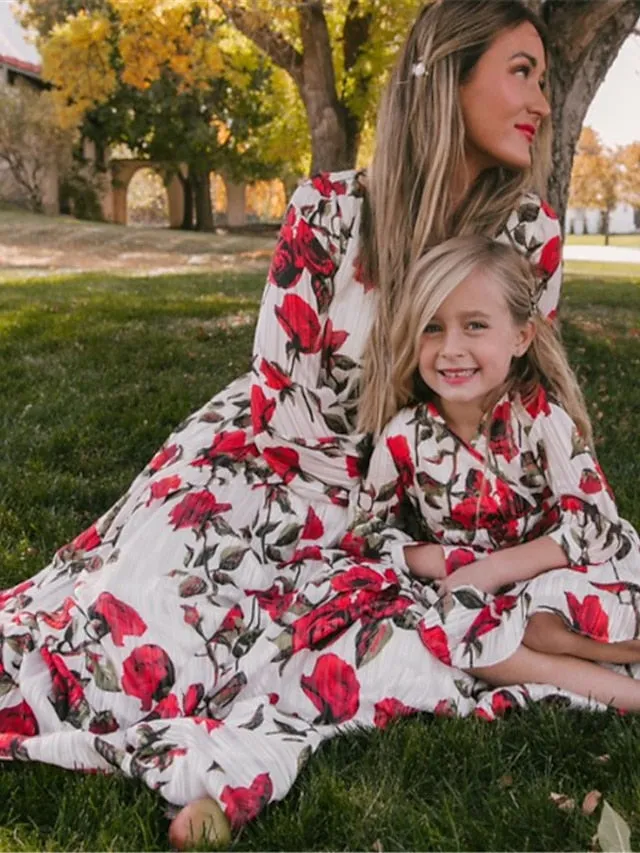 Mommy and Me Dresses Cotton Floral Causal White Long Sleeve Midi Mommy And Me Outfits Daily Matching Outfits