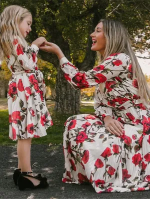 Mommy and Me Dresses Cotton Floral Causal White Long Sleeve Midi Mommy And Me Outfits Daily Matching Outfits