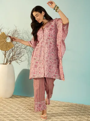 Pink Handcrafted Cotton Kaftan Co-Ord Set For Women