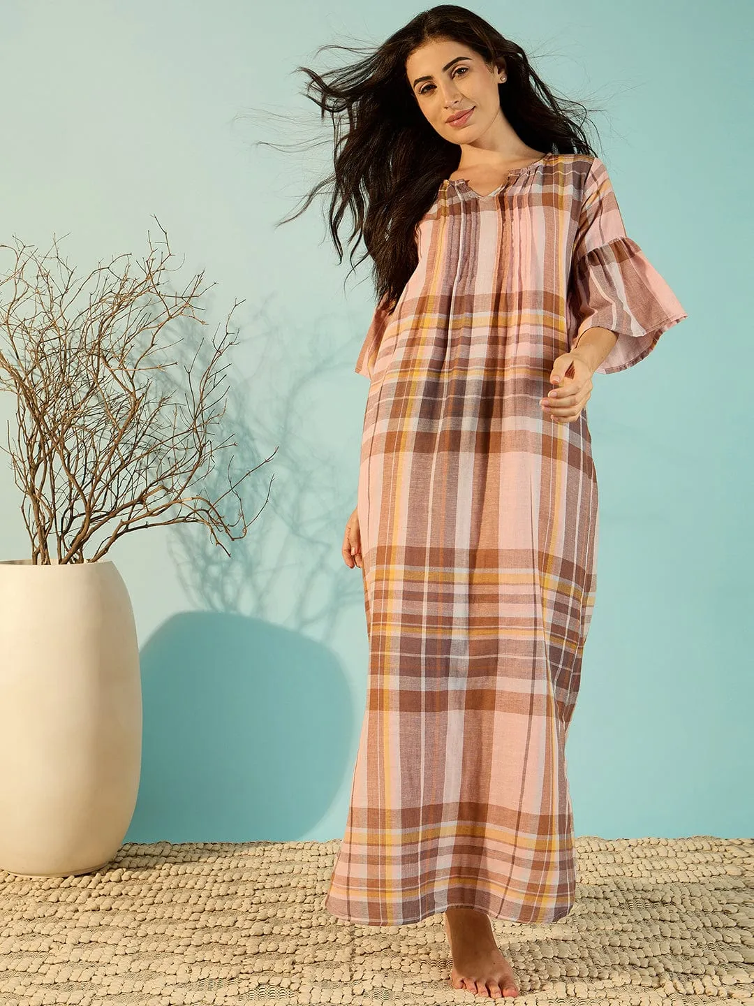 Rustic Stripes Peach Soft Cotton Nightdress For Women