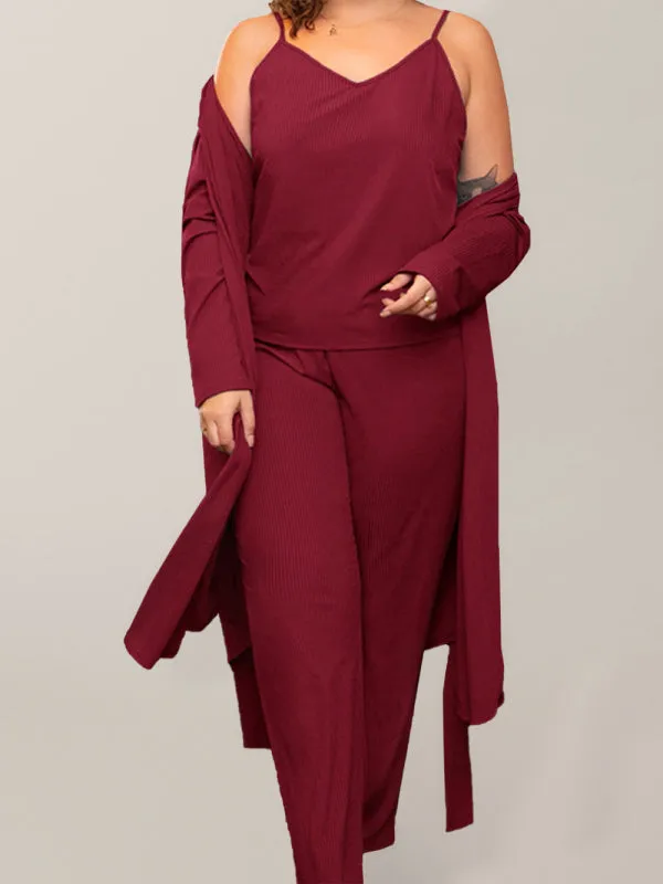 Women's Plus Size Three Piece Loungewear Set Including Strap Top Flowy Bottoms and Cardigan